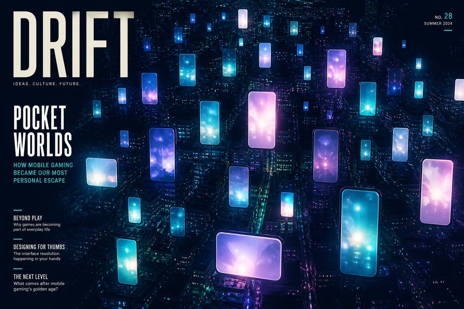 Original editorial artwork of anonymous glowing handheld screens over a city grid