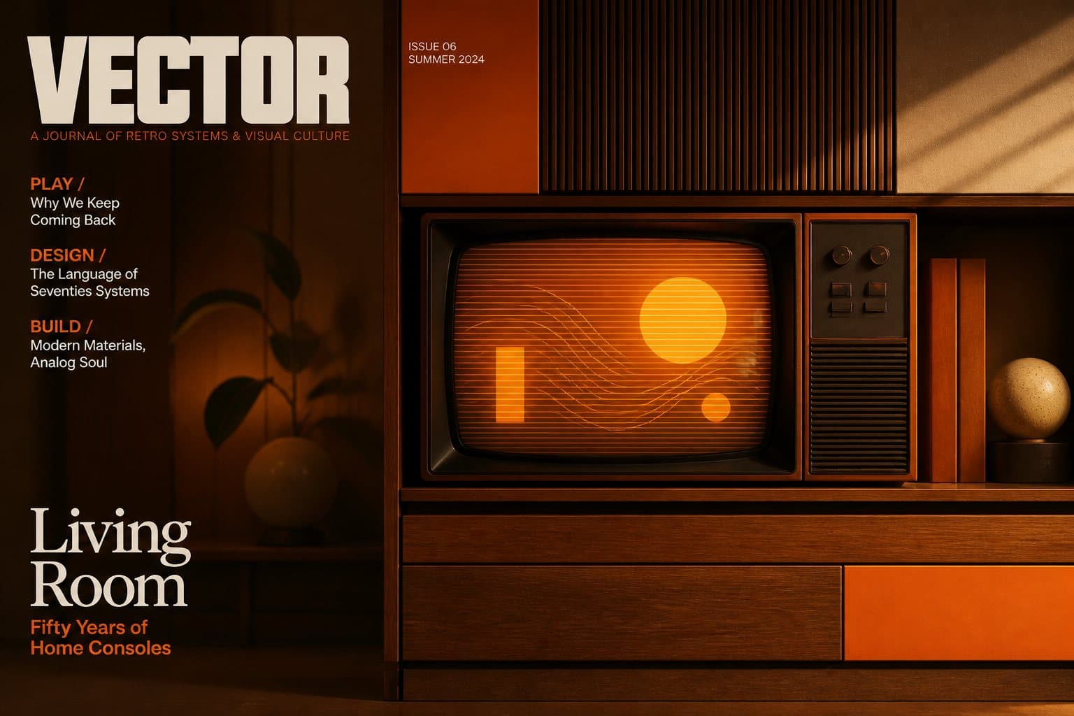 Original editorial artwork evoking 1970s living-room hardware — no Atari logos or game pixels