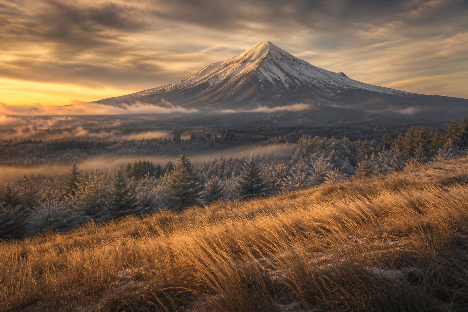 Original editorial artwork of a snow-capped volcanic mountain over golden grasslands — no characters or PlayStation logos