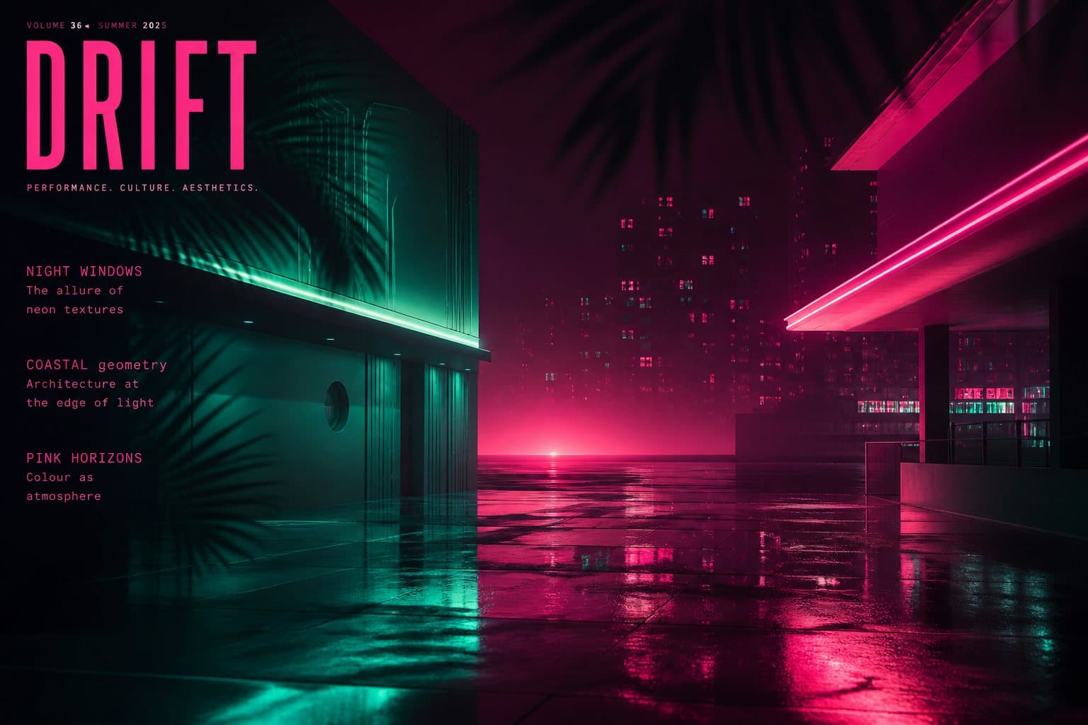 Original editorial artwork evoking a neon coastal night — no characters, vehicles, or Rockstar logos