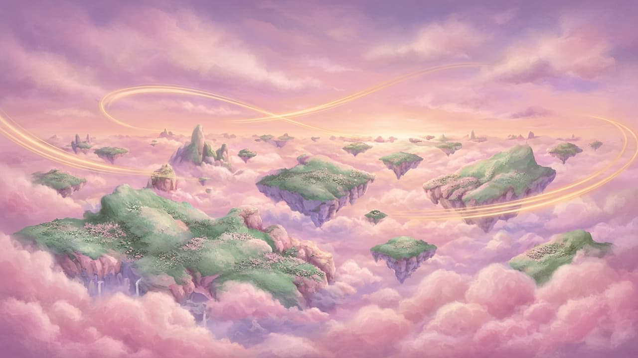 Original editorial artwork of pastel floating islands and empty gold air-lanes — no characters or Nintendo logos