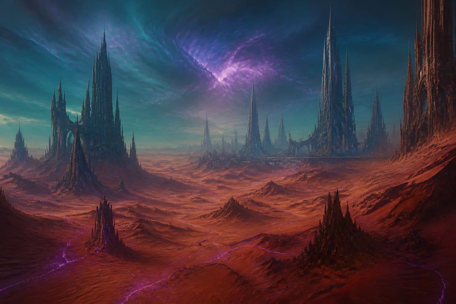Original editorial artwork of rust dunes and distant industrial spires under a teal sky — no characters or Nintendo logos