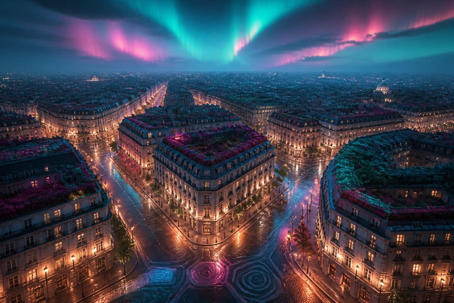 Original editorial artwork of a twilight city of plazas and cream facades — no Pokémon, characters, or Nintendo logos