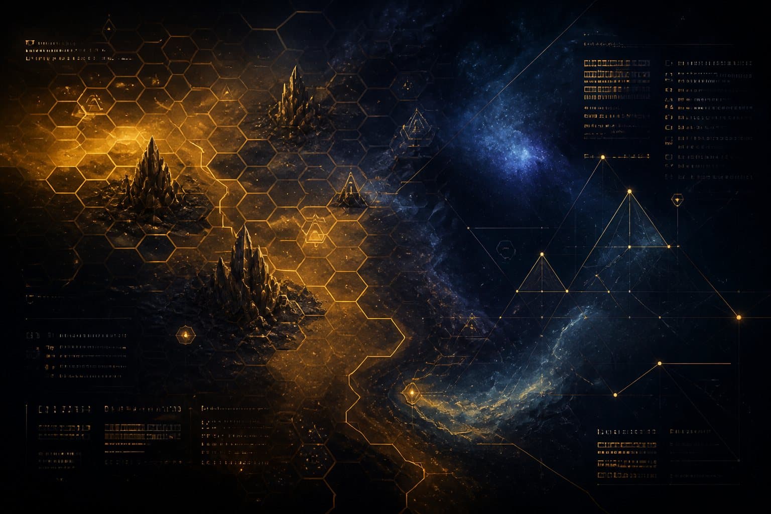 Original editorial artwork evoking StarCraft II — abstract amber command grid, no units or logos